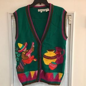M. L. Malik southwest sweater vest guitar sombrero, cactus pottery appliqué sz S